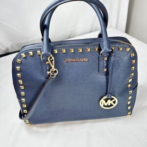 Michael Kors Large TZ SELMA STUD Satchel Bag NAVY Blue Saffiano Leather
